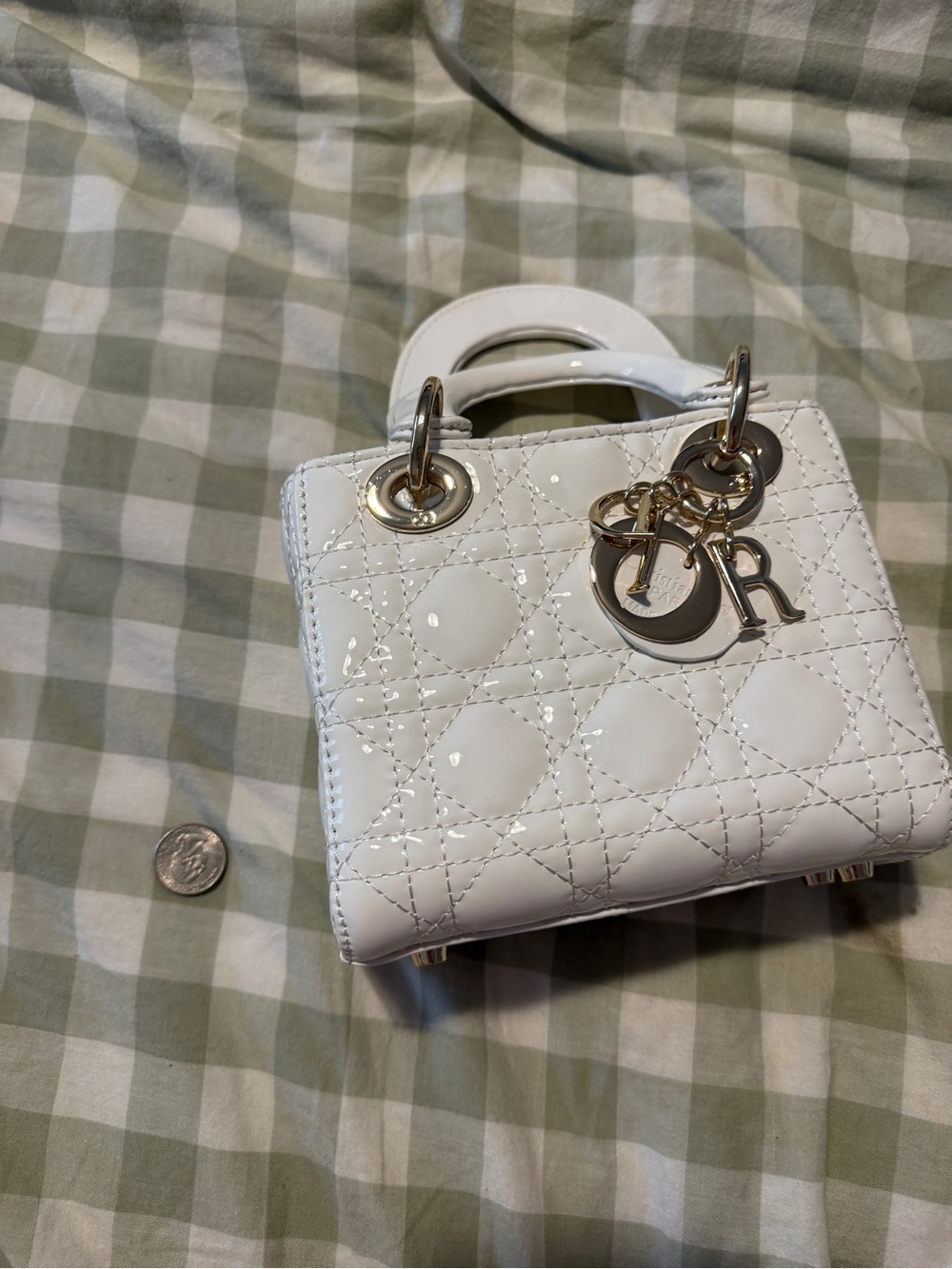 Designer inspired White Quilted Mini Tote Bag with Gold Hardware - Picture 2 of 11
